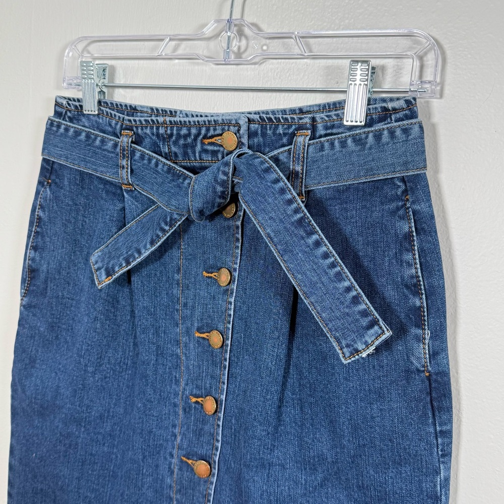 Velvet Heart Denim Midi Skirt Button Front Tie Waist Size 26/4 Casual Weekend